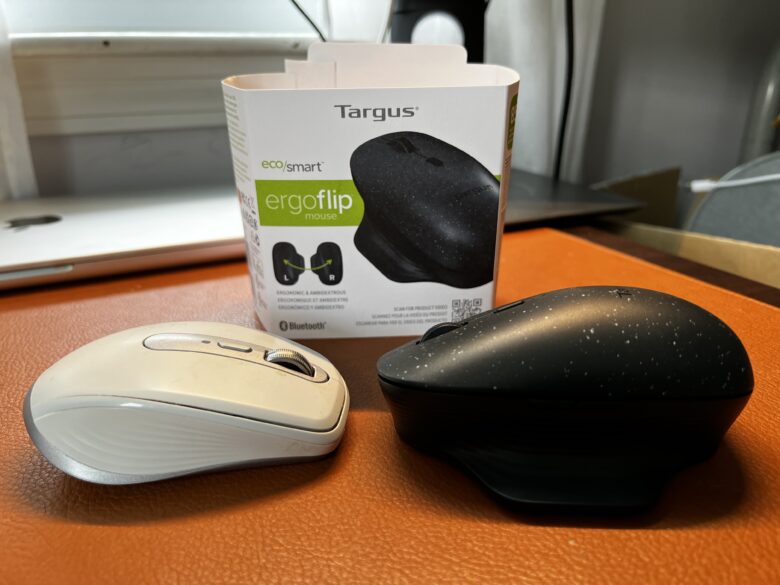 The bulkier Targus ErgoFlip mouse looks like it could take the slender Logitech Anywhere mouse in a fight.
