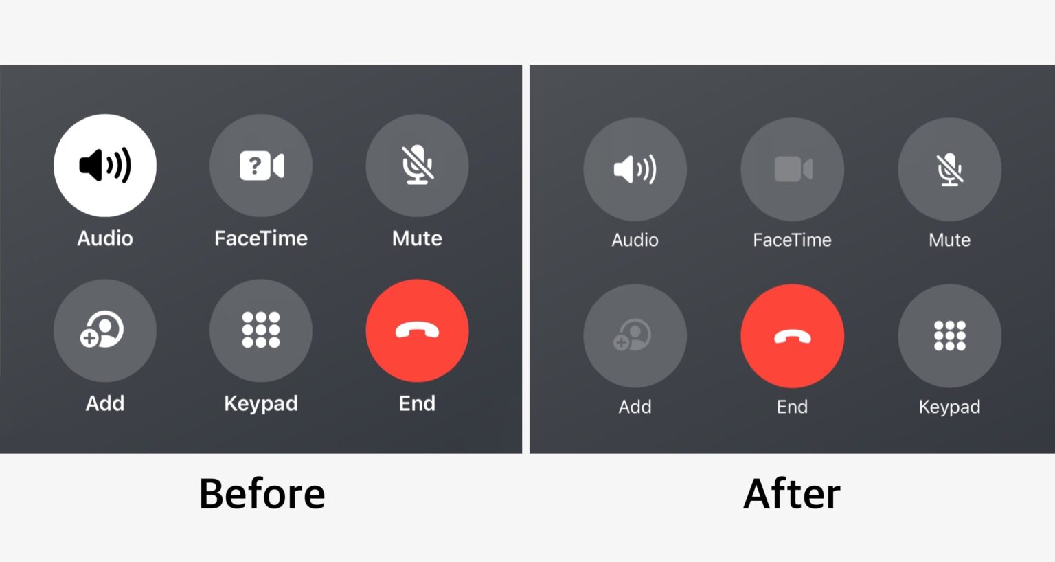 Before and after screenshots show the location of the End Call button in the two most recent iOS 17 betas.