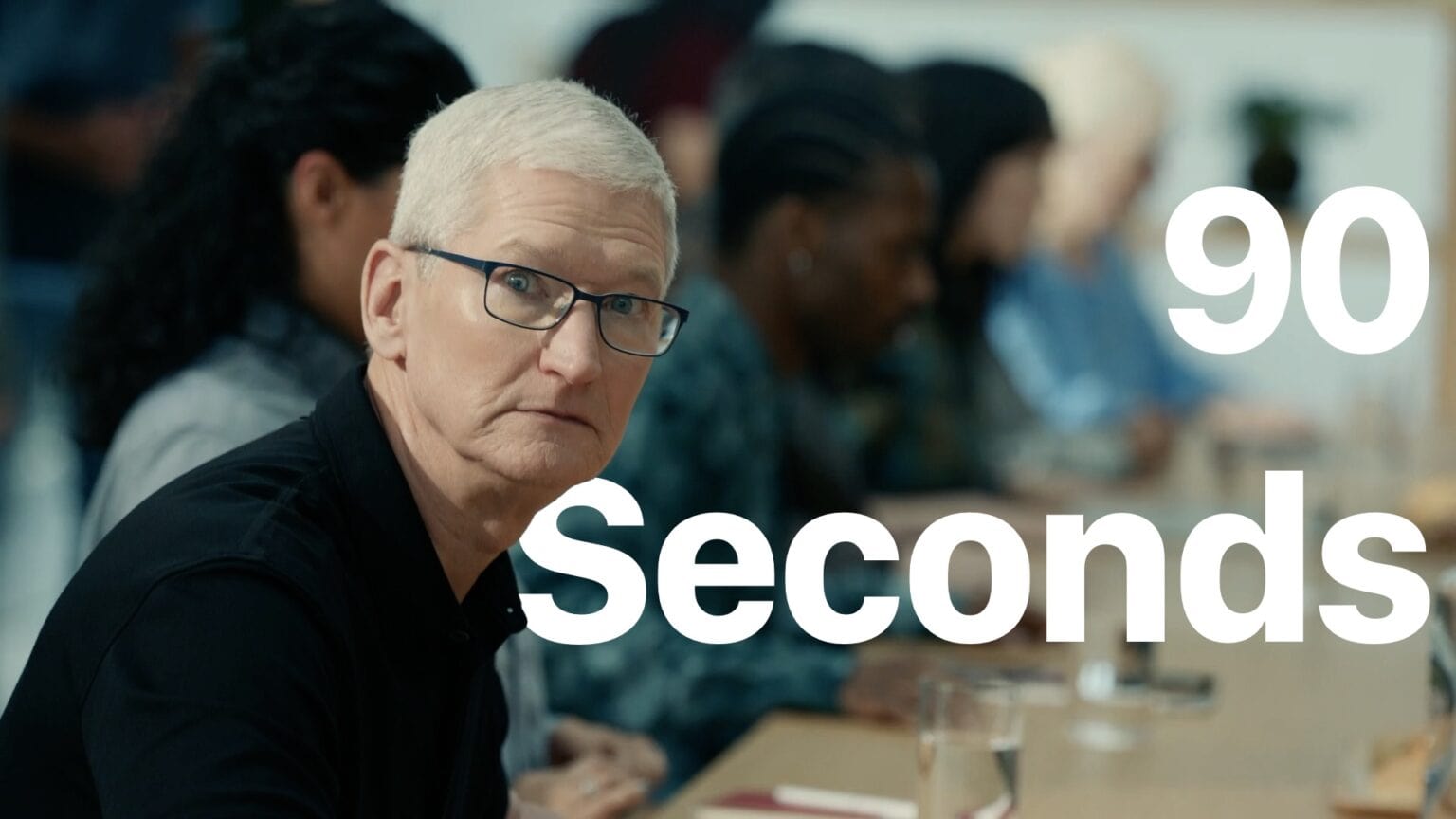 Closeup of Tim Cook’s face looking somewhat frightened. On-screen text: “90 Seconds.”