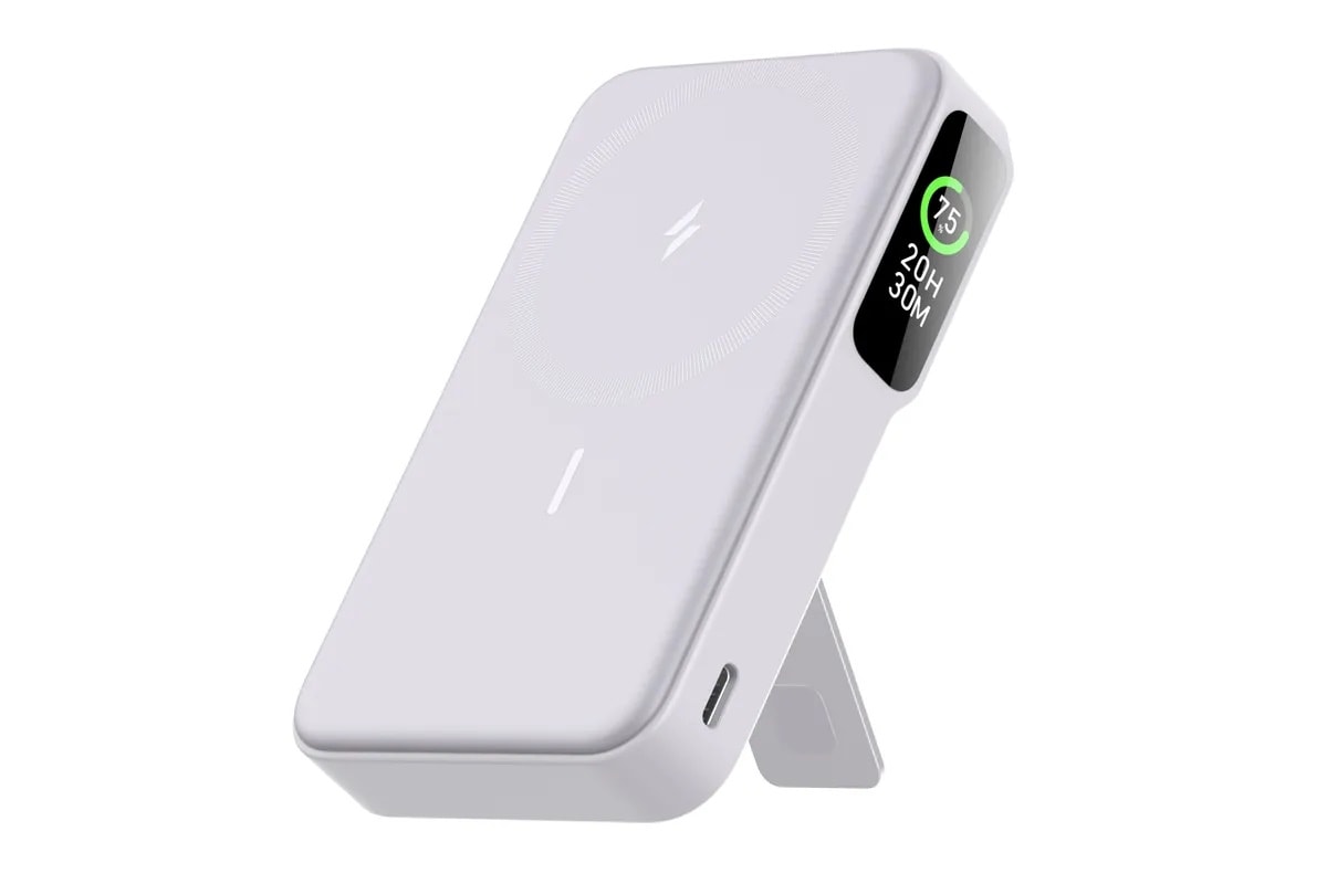An upcoming Anker MagGo Qi2 power bank features a display on the side, plus a kickstand.