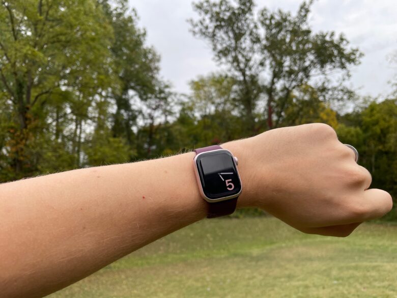 Apple Watch Series 9 worn on a wrist outside in cloudy weather.