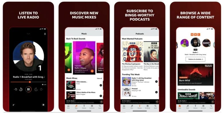Screenshots show the BBC Sounds app on iPhone