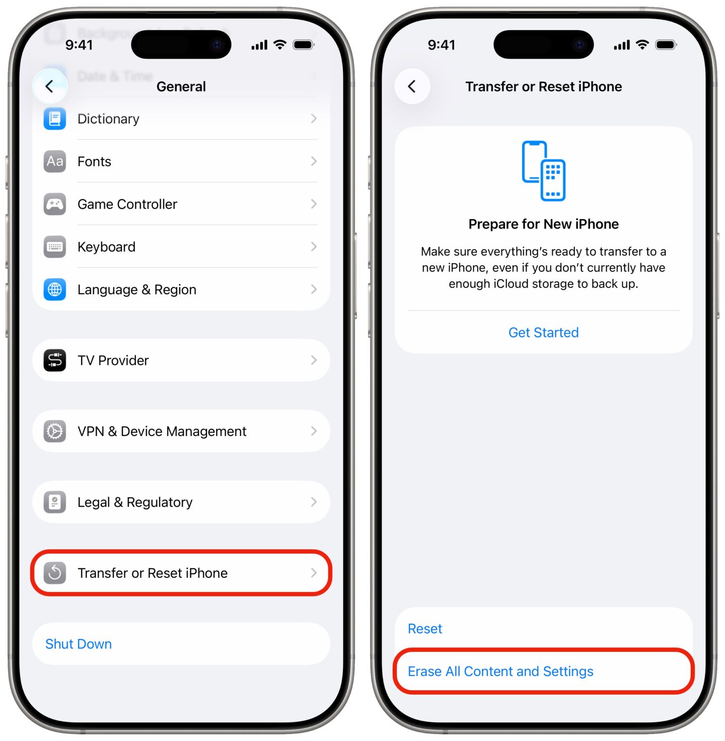 Screenshots showing how to factory reset iPhone in Settings