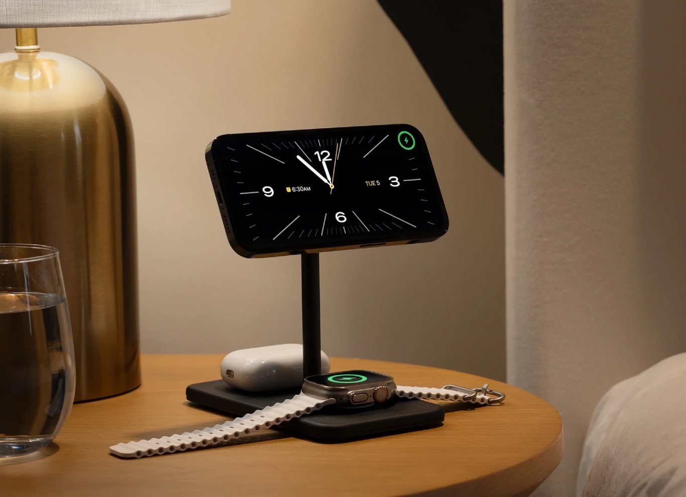 The premium charger is perfect for your nightstand, with an iPhone in Standby Mode like a classic alarm clock.