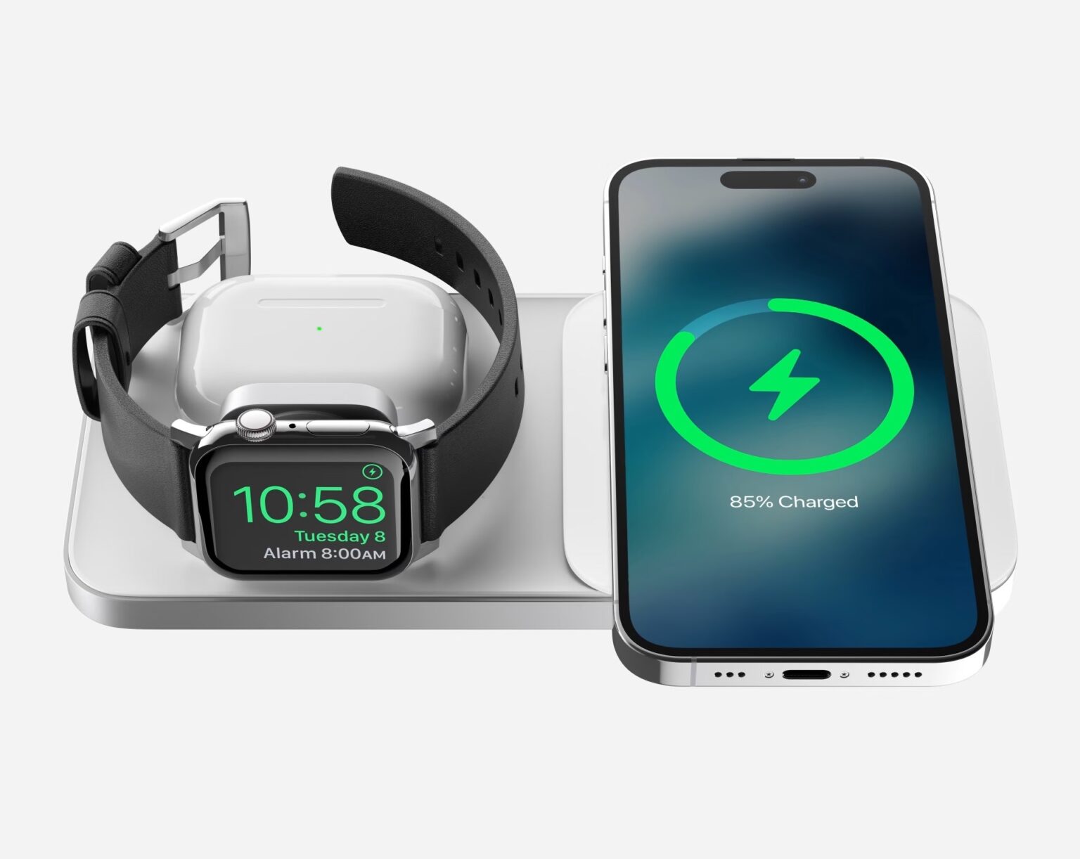 The solid glass-and-metal charger lies flat to power up iPhone, Apple Watch and AirPods.