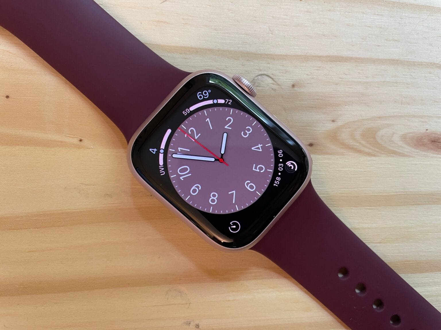 Apple Watch Series 9 with Mulberry Sport Band on desk