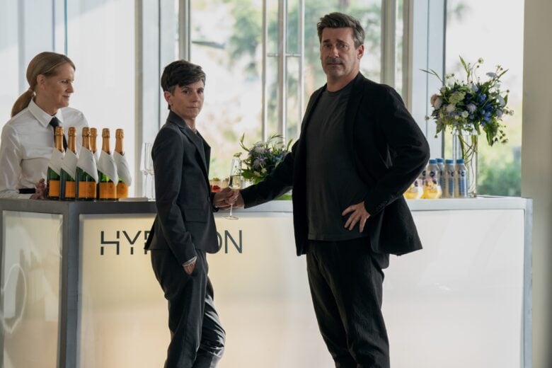 Episode 1. Tig Notaro and Jon Hamm in "The Morning Show," premiering September 13, 2023 on Apple TV+.