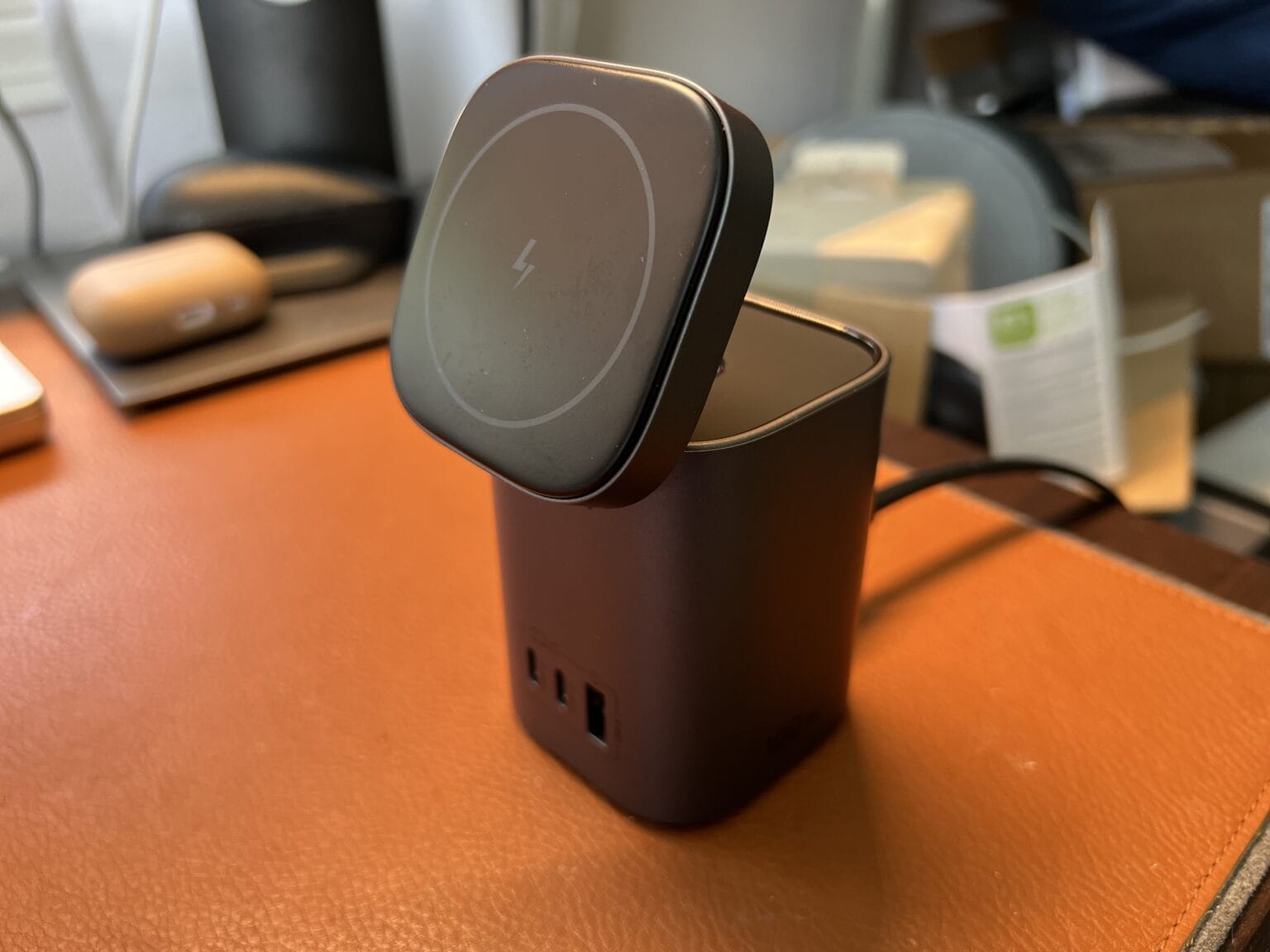 This unusual GaN charger juices up MagSafe iPhones via the tilting platform and other devices via USB-C and USB-A ports (up to 100W).