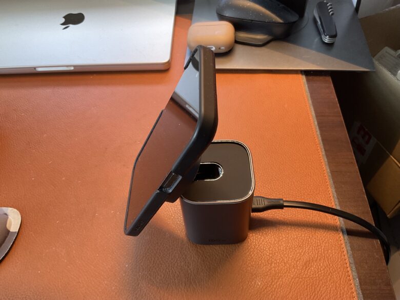 The tilt-up MagSafe platform offers 15W of charging power for iPhone 12 through 15 handsets. 