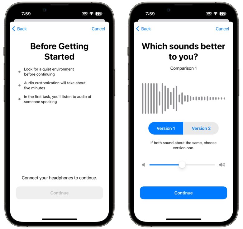A built-in hearing test asks you to rate Speech and Music. It's basic, but good for a start.