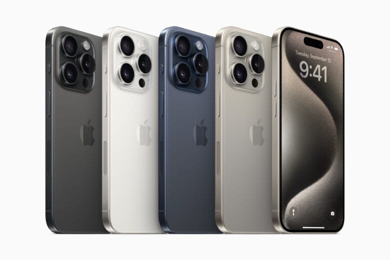 Promo shot of iPhone 15 Pro lineup with the Action button edited on the opposite side.