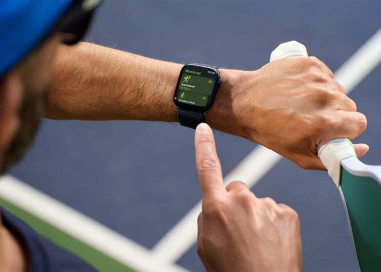 You can track either pickleball or tennis workouts in the Workout app on Apple Watch. 