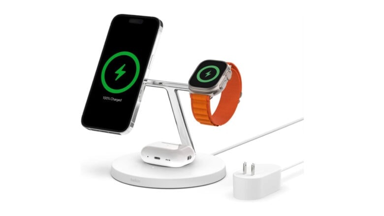 Belkin's 3-in-1 MagSafe Charging stand is the best charging dock for Apple Watch Series 9. It charges iPhone, Apple Watch, and AirPods simultaneously.