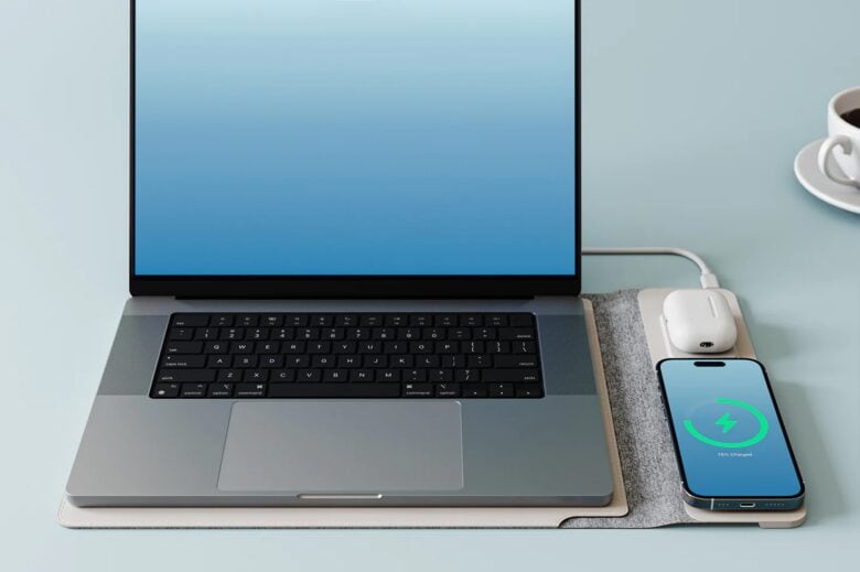 Take a desk mat, mouse pad and wireless gadget charger to go every time you put your MacBook in the sleeve.