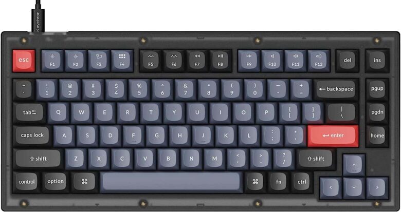 The Keychron V1 mechanical keyboard has 75% of the keys of a full-size keyboard.