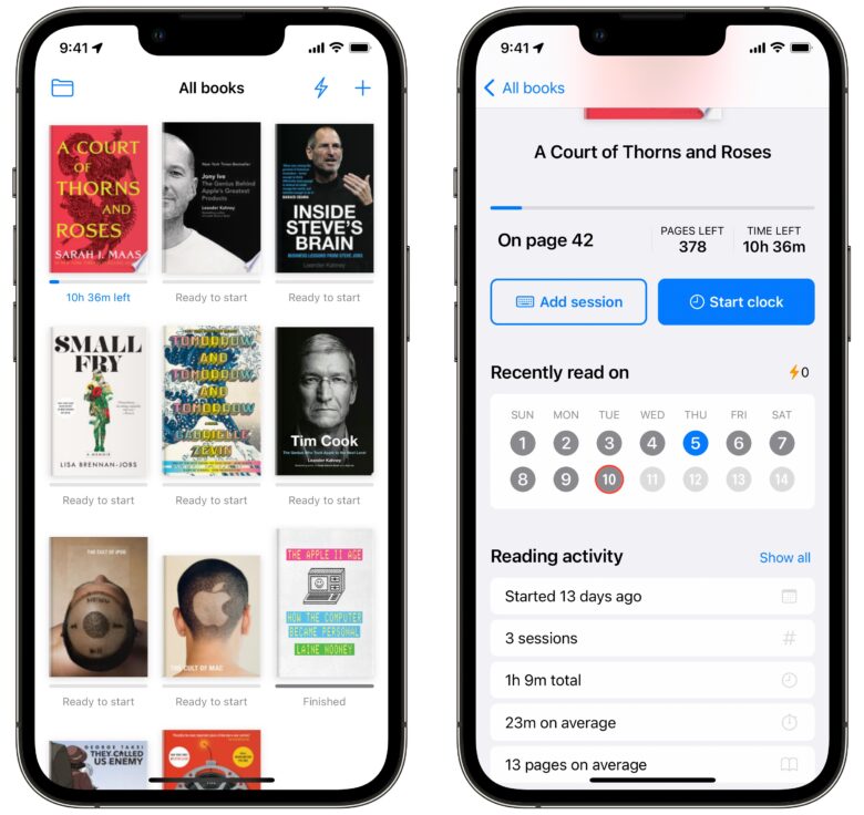 Library view and book view in Reading Time app
