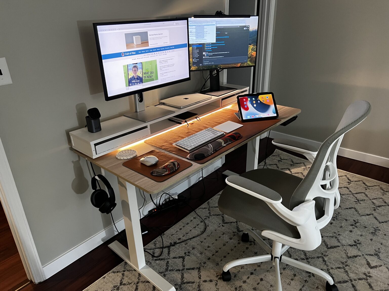 Just a few years ago I worked on a laptop on whatever messy desk I found. Now I have dual-monitor M1 MacBook Pro setup with a standing desk and a proper office chair.
