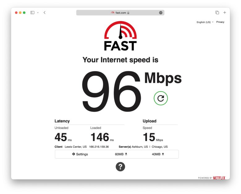 fast.com speed test showing 96 Mbps download and 15 Mbps upload.