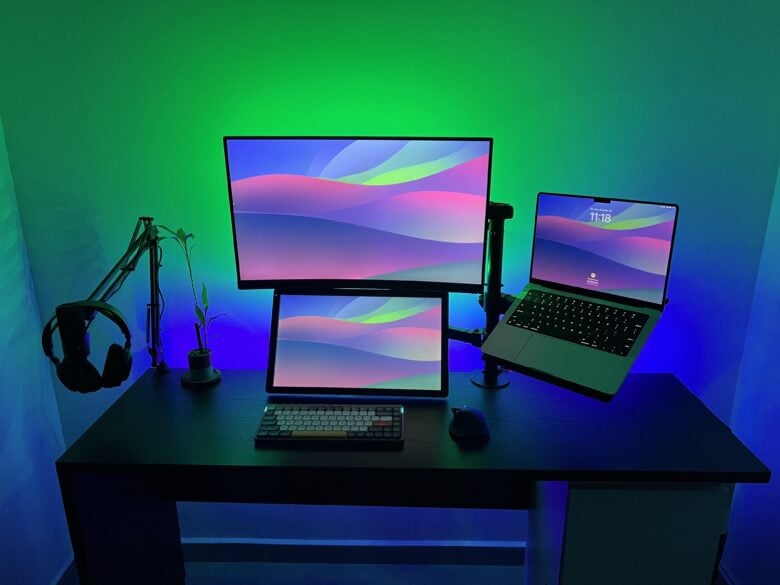 Two cheap LED lights strips create that whole effect, and with many light strips the colors can change endlessly.