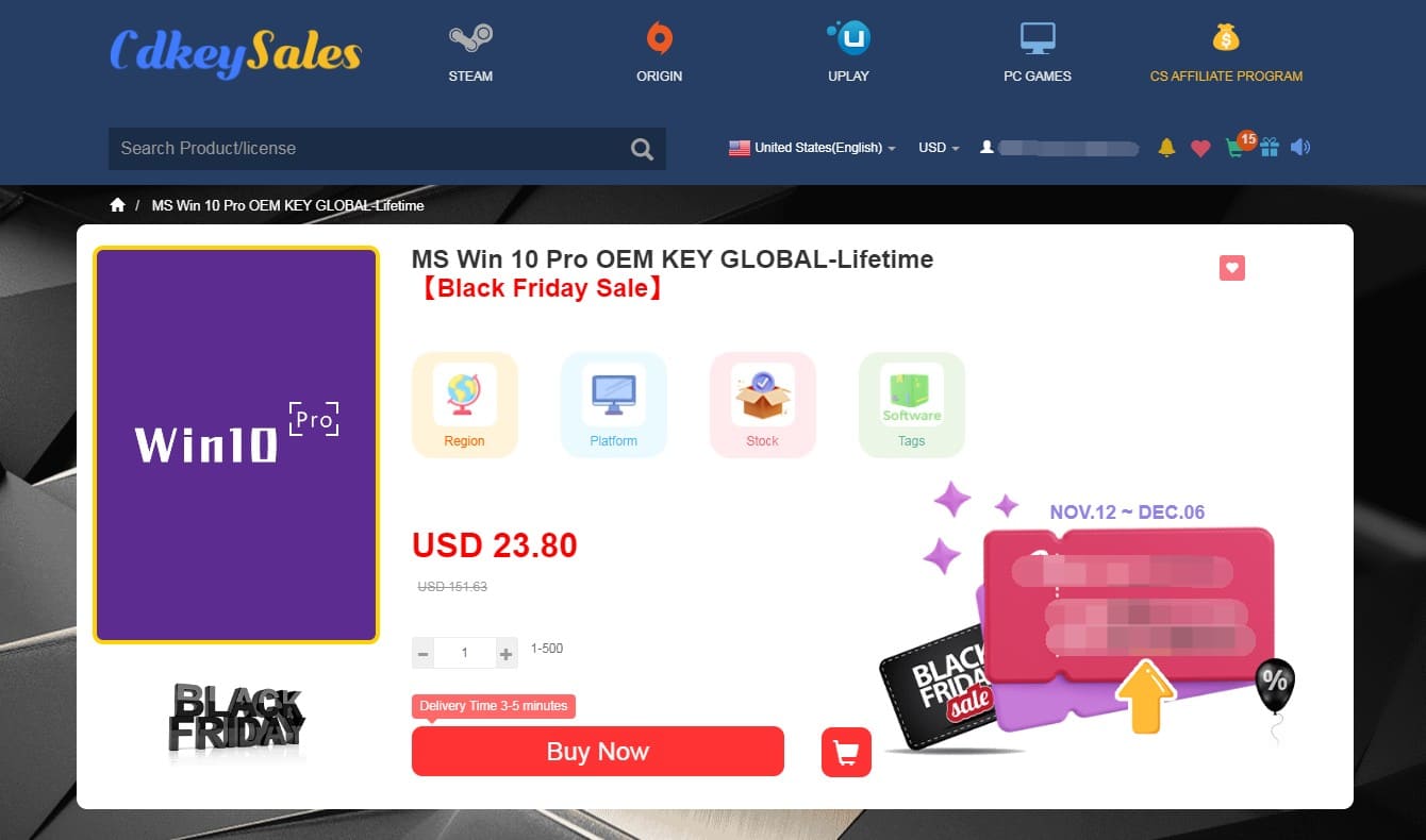 CdkeySales product page, Black Friday Sale