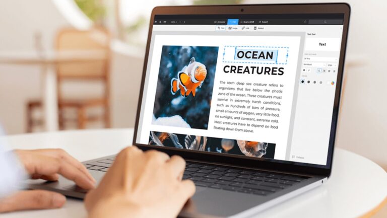 Photo of a person using PDF editor PDF Expert, an Apple Editor's Choice winner, on a MacBook.
