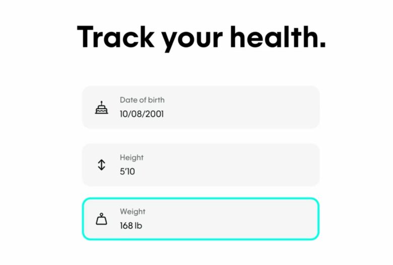 Screenshot of a mocked-up interface that says "Track your health." with three basic text fields below it: date of birth, height and weight.