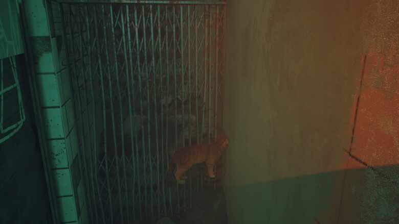 Screenshot of Stray. The cat stands on an invisible floor, clipping through barbed wire and a wall.