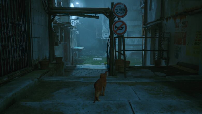 Screenshot of Stray in a city. A mysterious sign has the image of a trumpet with a "No" symbol on it.