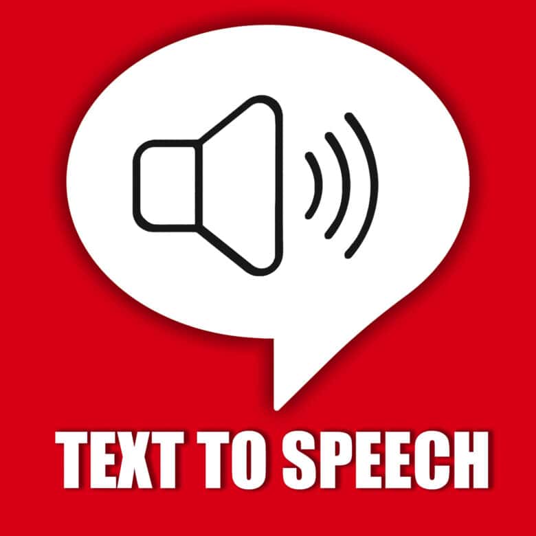 The phrase "text to speech" with a world balloon and a speaker.