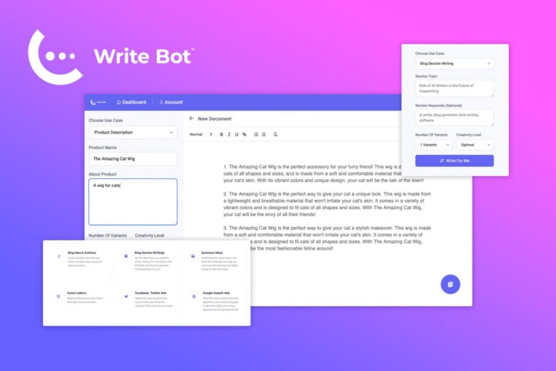 A screenshot of AI writing bot Write Bot shows how the AI writer works.