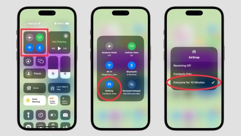 Set AirDrop to receive files from anyone's iPhone. Screenshots show how to share iPhone photos with people not on your contacts list using AirDrop.