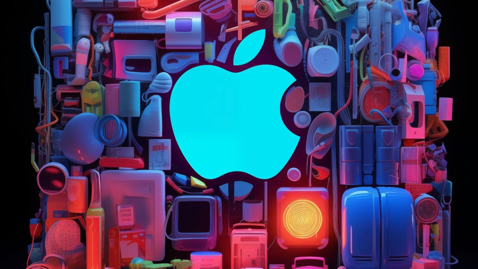 The Apple logo surrounded by AI-generated Apple products.