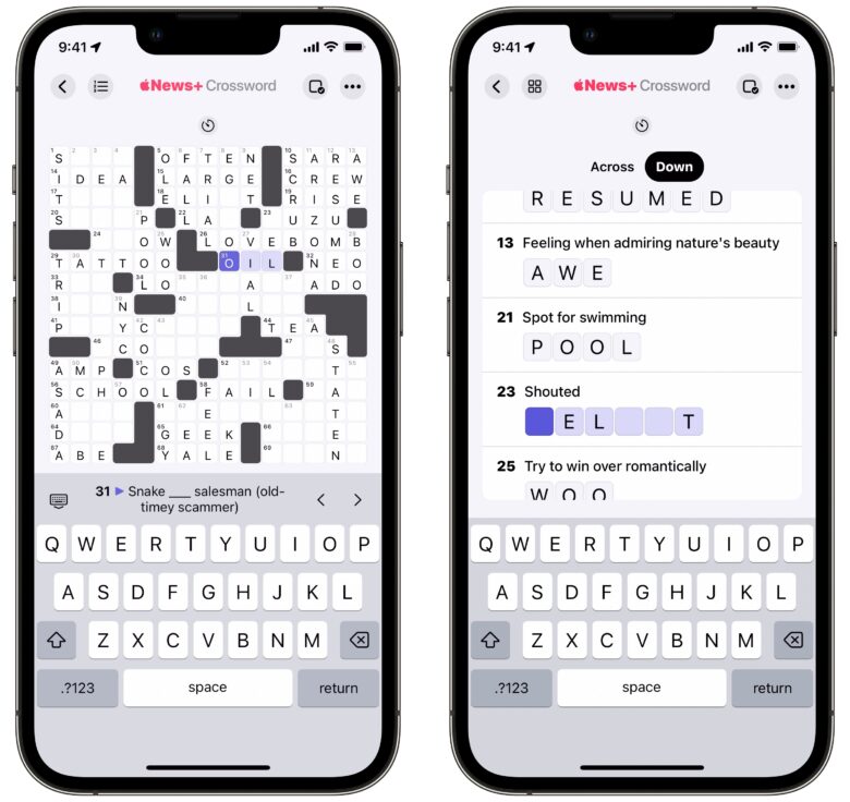 Screenshot of daily crossword puzzle in board view and list view