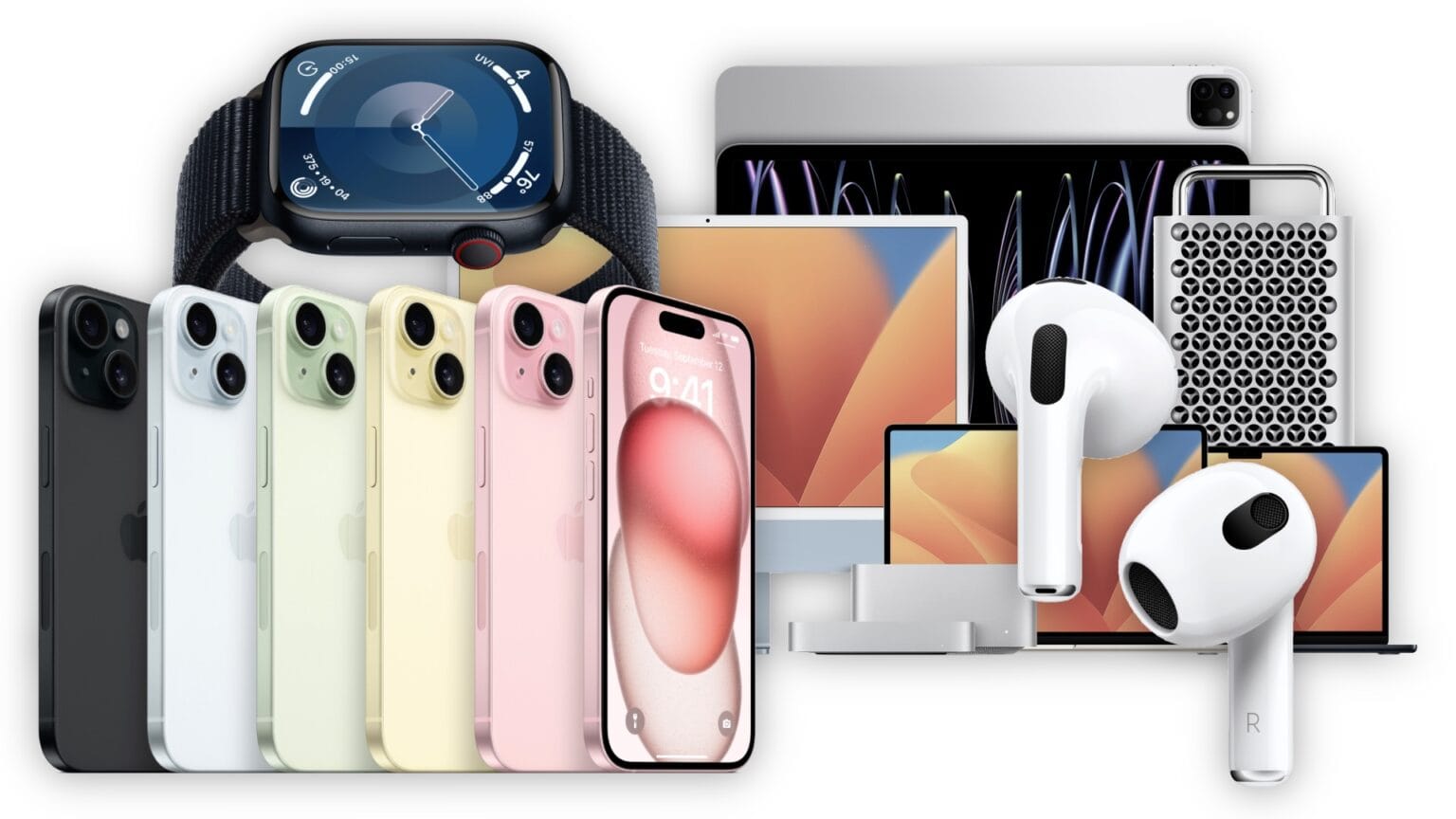 Collage of iPhones, Apple Watch, iPad, Macs and AirPods