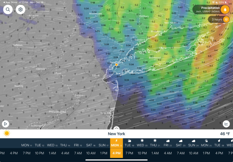 Screenshot of VentuSky weather app showing precipitation map.