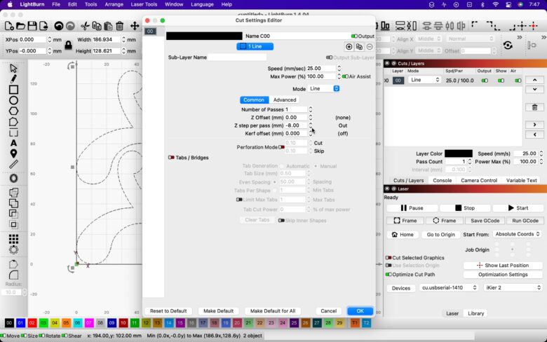 Screenshot of LightBurn app running on a Mac