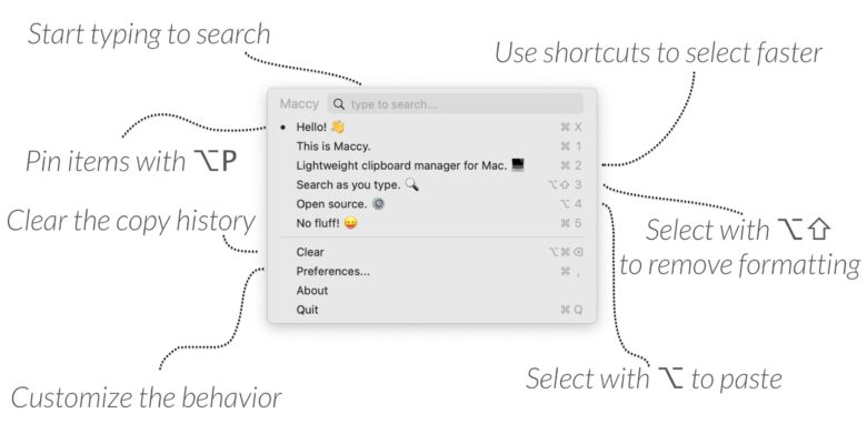 Screenshot of Maccy pop-up on macOS