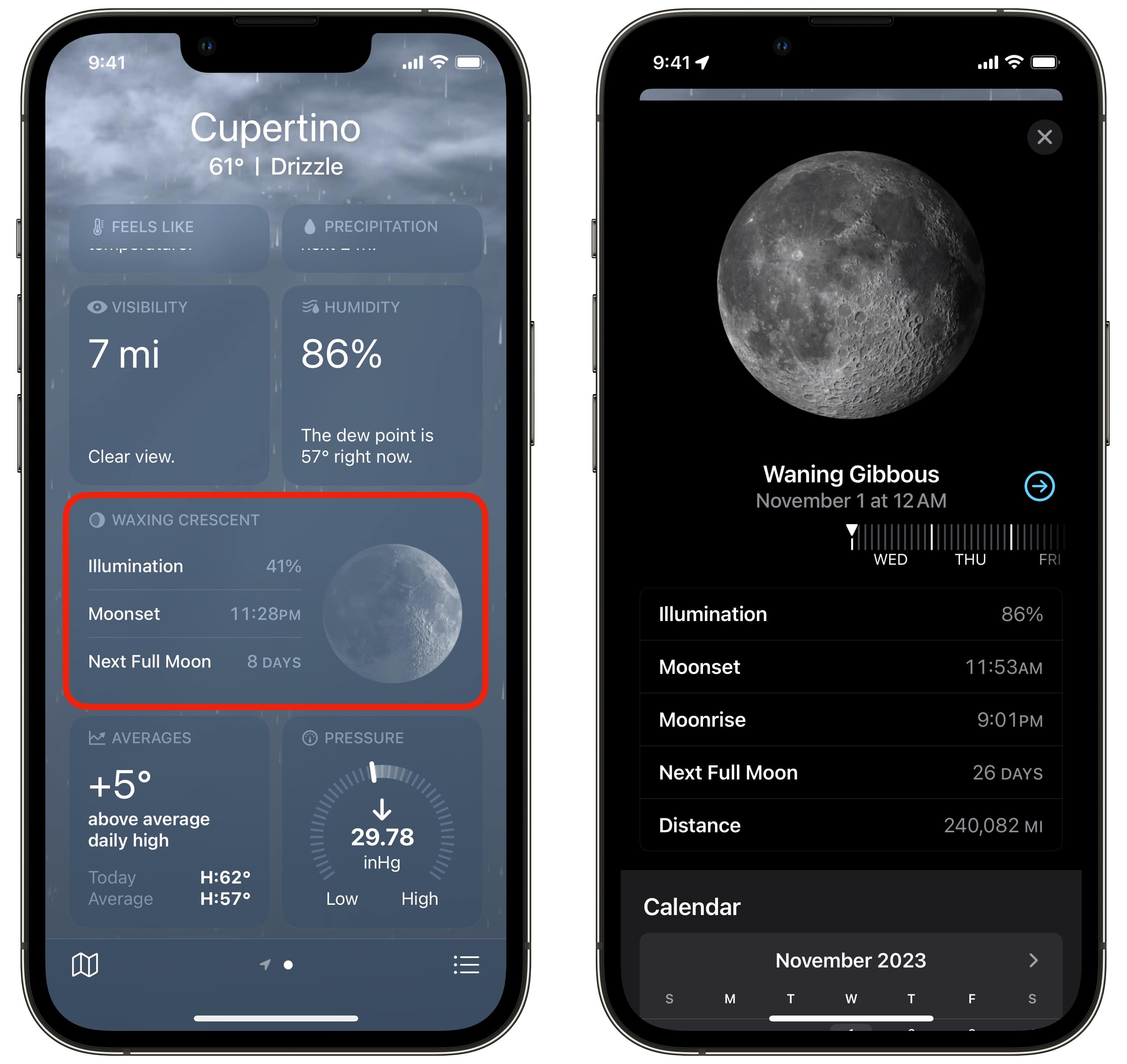 Moon phase data in Apple Weather