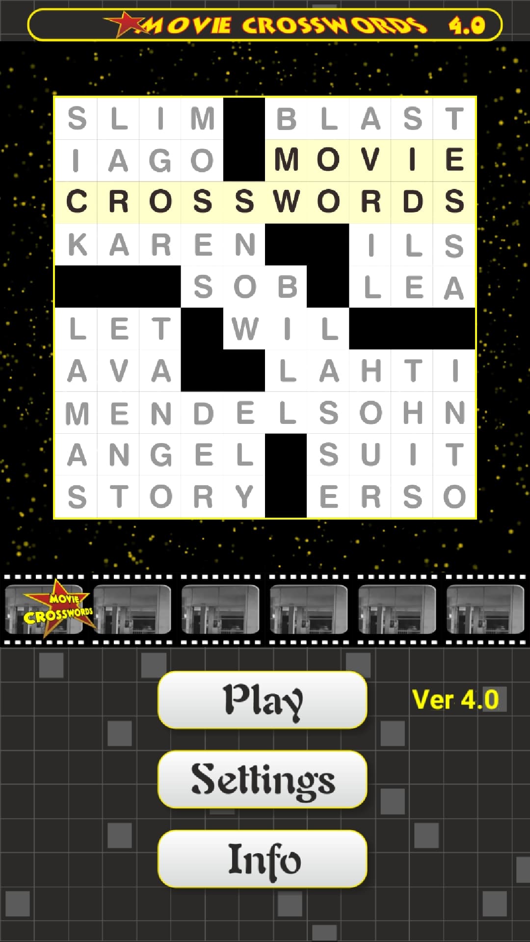 Movie Crosswords start page on iPhone