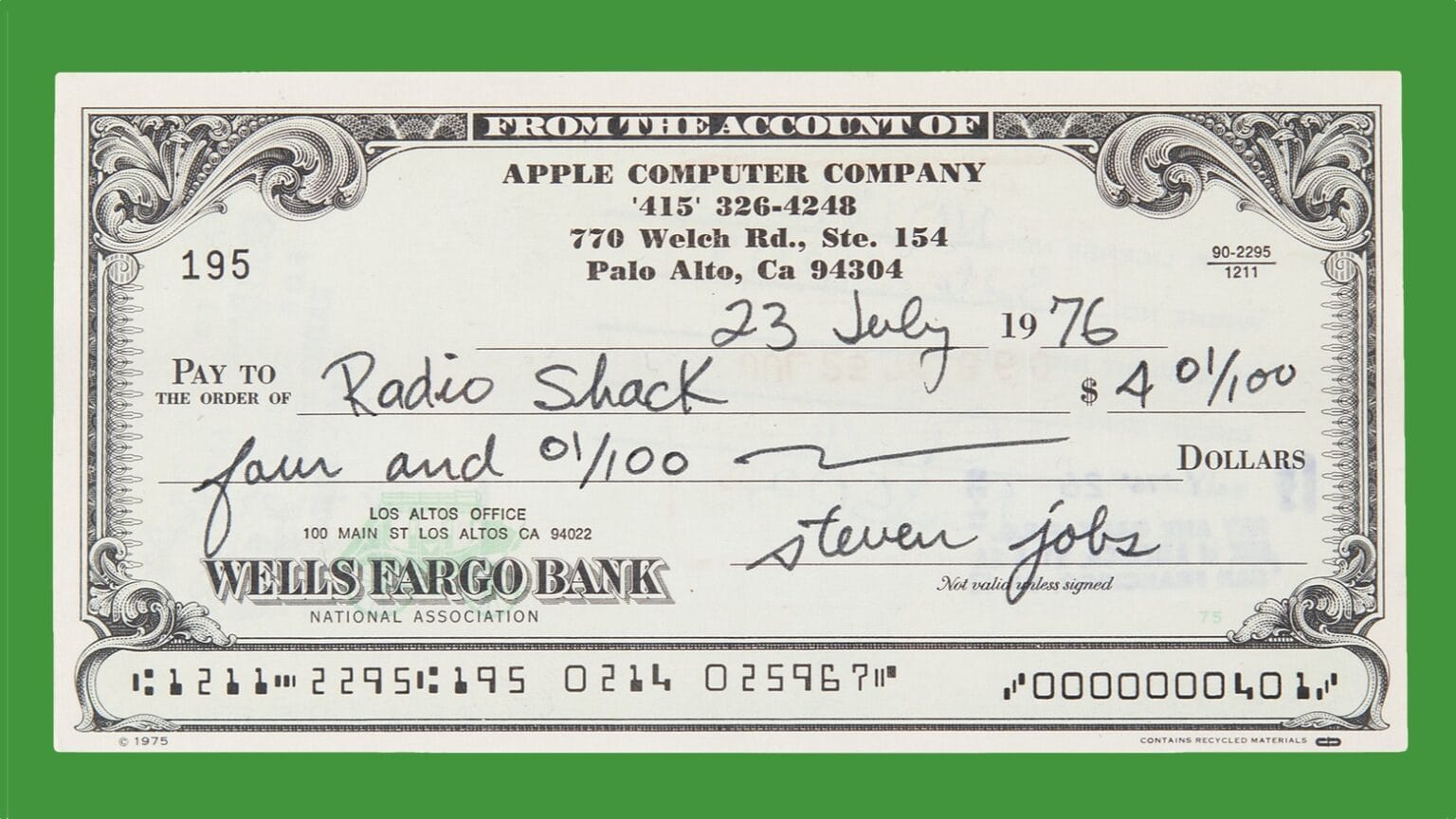 $4 Steve Jobs check from the earliest days of Apple