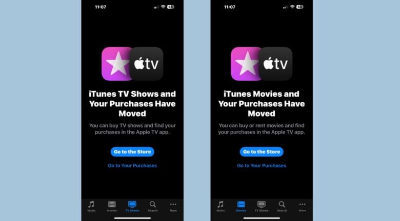 iTunes Store redirects to Apple TV app for movies and TV series.