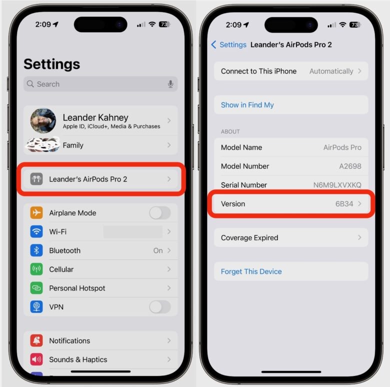 iPhone screenshots showing Settings app and AirPods firmware number.