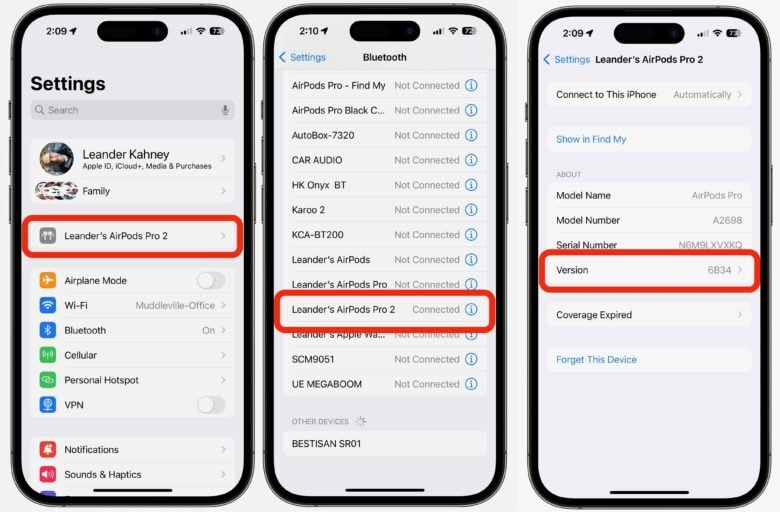 Screenshots showing how to check firmware version of AirPods on iPhone.