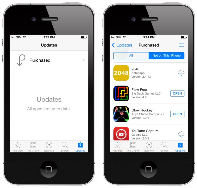 iPhone 4 showing purchases in App Store