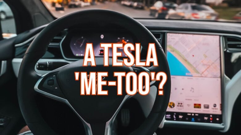 Interior of a Tesla car with text "A Tesla 'Me-Too'?"