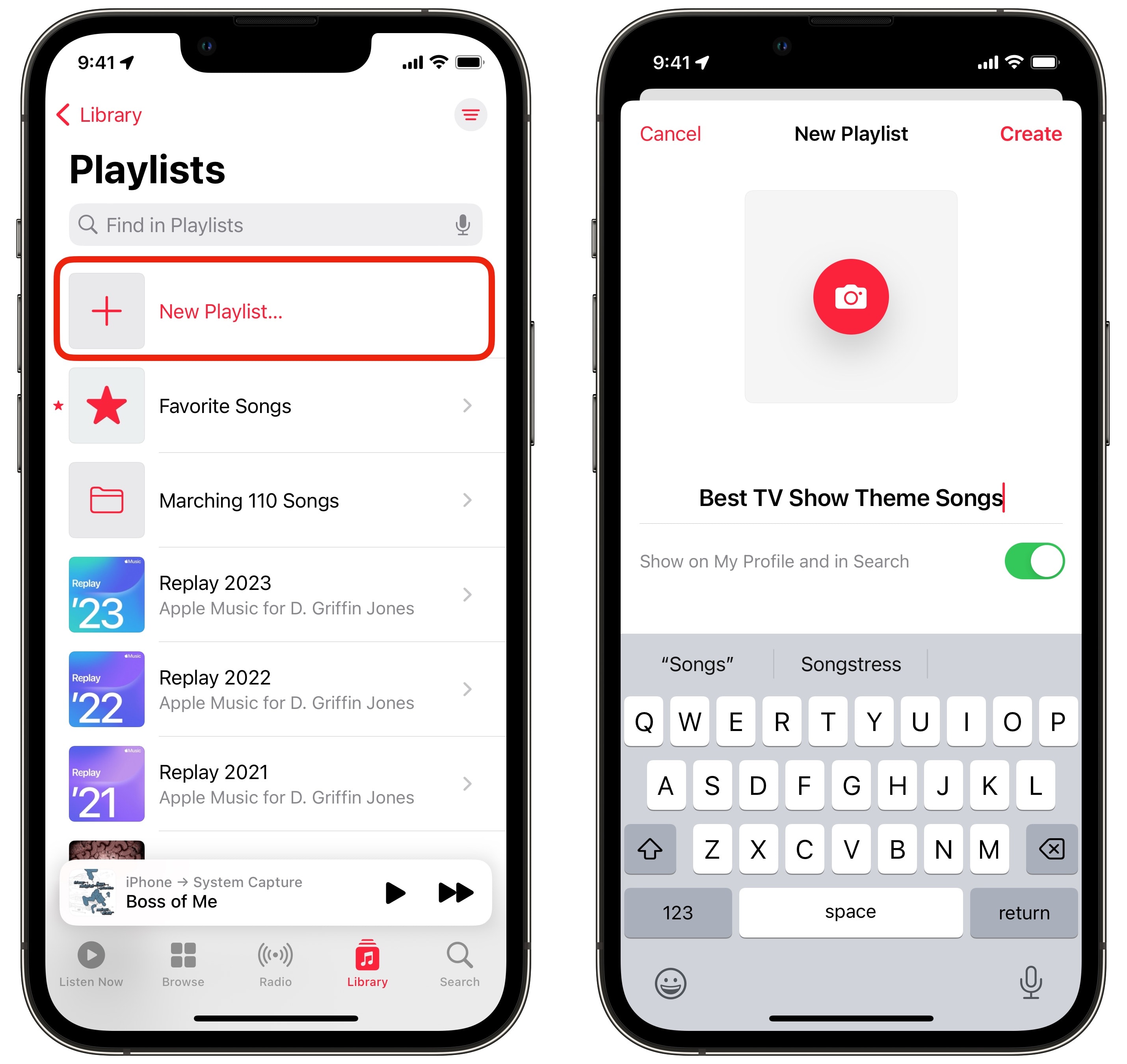 Creating a new playlist called Best TV Show Theme Songs in Apple Music