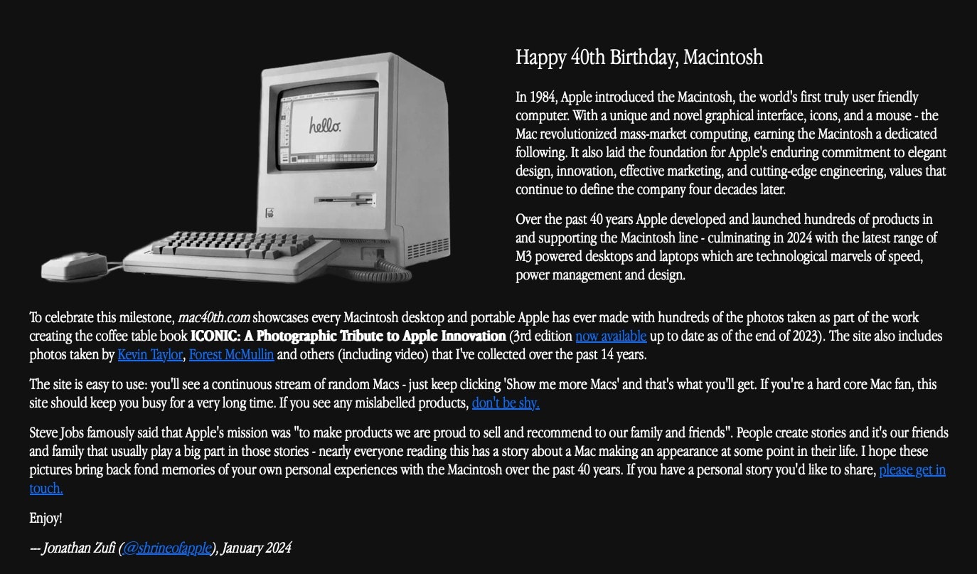 Screenshot of Mac40th, a website with pics of every Macintosh, ever