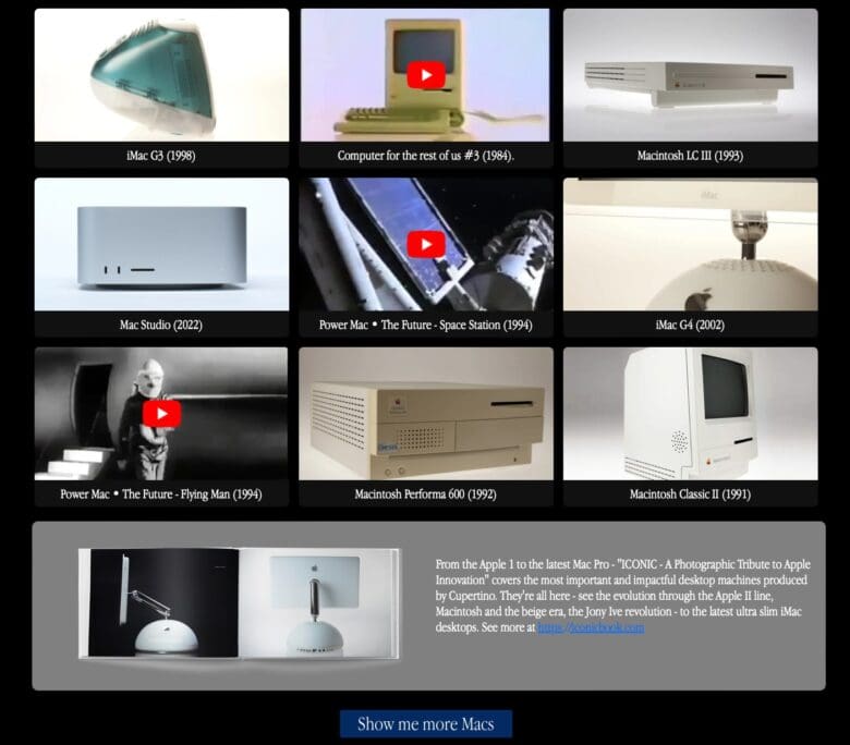 Screenshot of Mac40th, a website with pics of every Macintosh, ever
