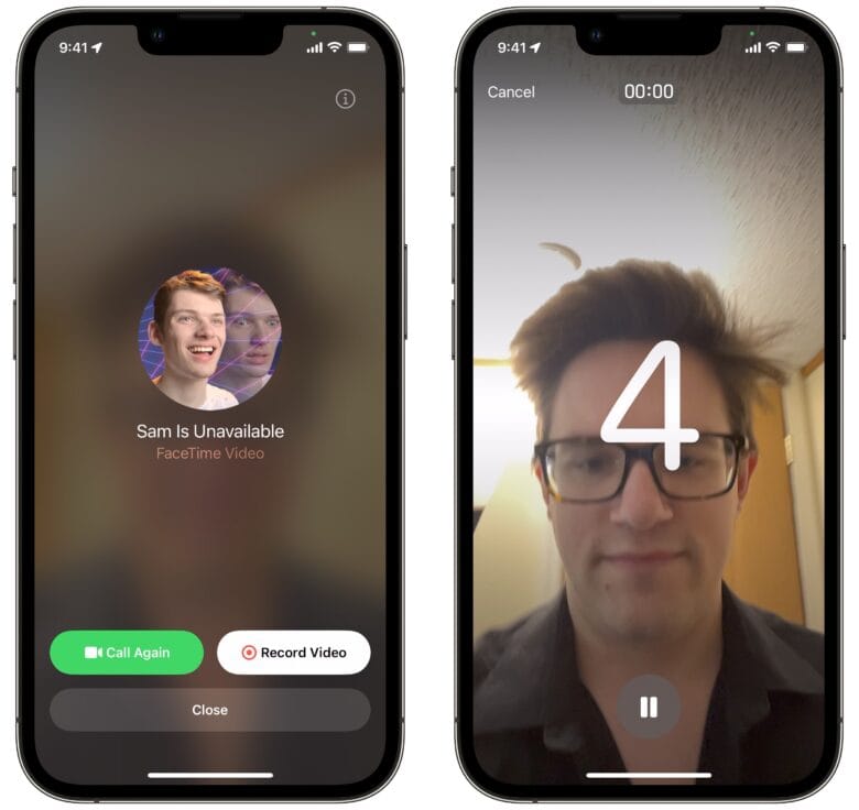 Screenshots of a failed FaceTime call and recording a video with a countdown