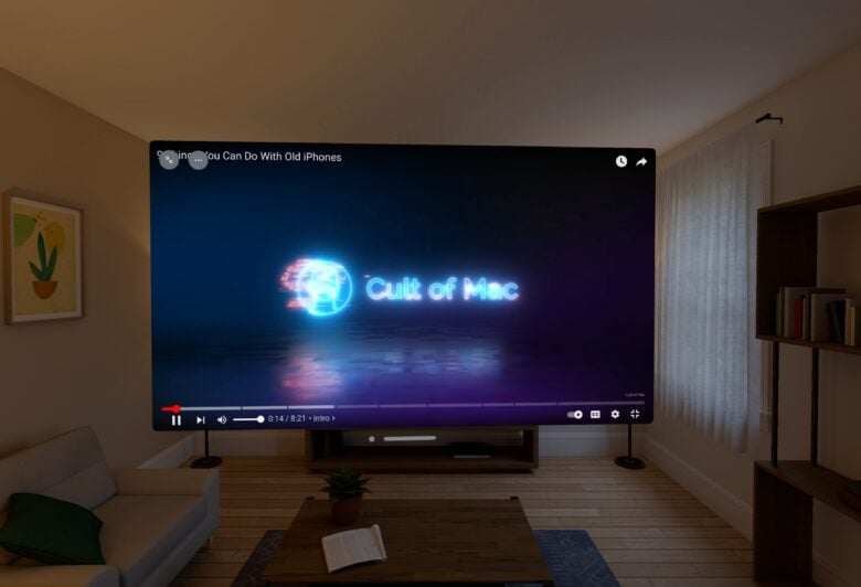 Vision Pro simulator shot showing YouTube video full-screen